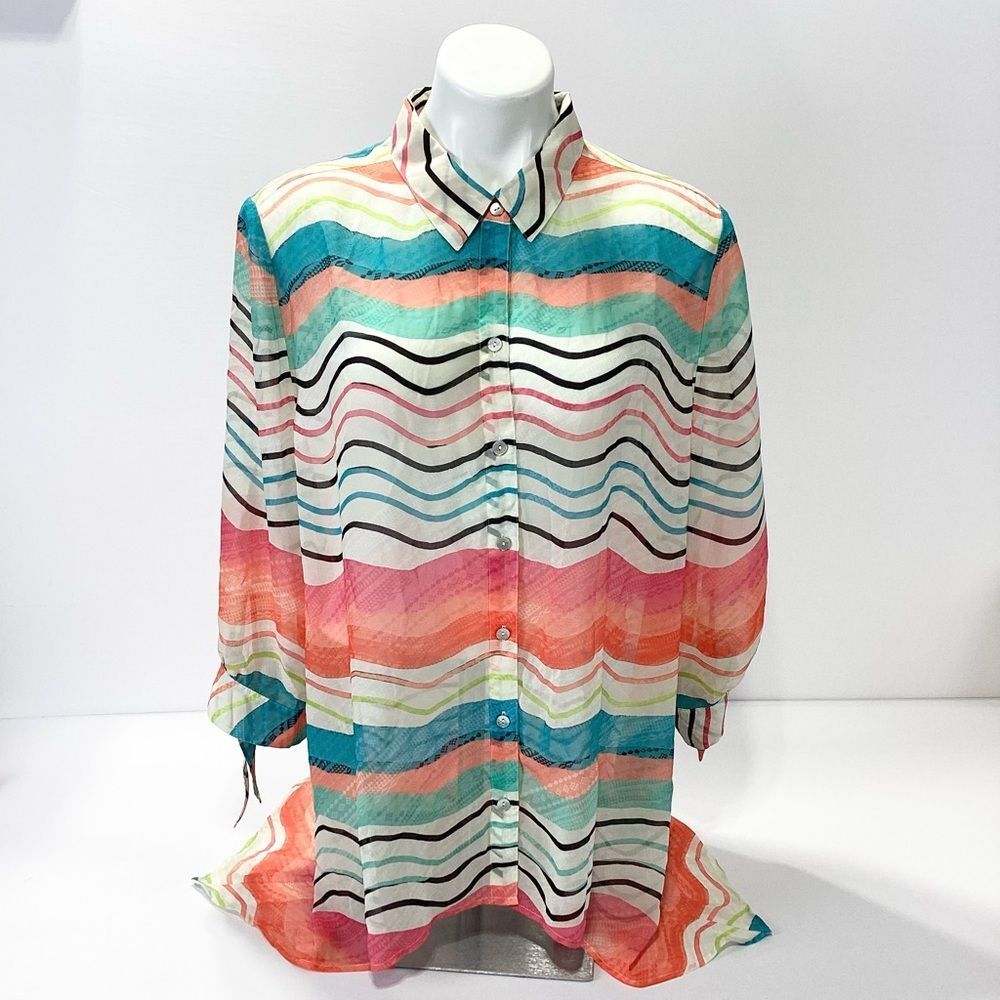 Chico’s Sheer Tunic Button Down Blouse Size 3 (XL) White Coral Blue Asymmetrical